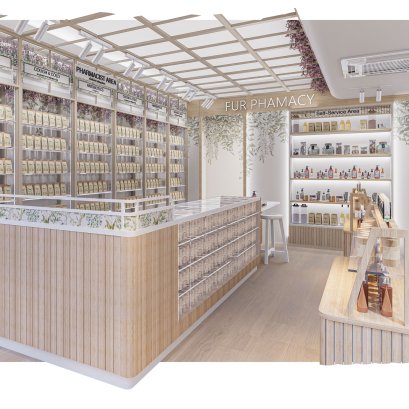 ออกแบบ ผลิต และติดตั้งร้าน : ร้าน FUR Farmacy ตัวอย่างร้านขายยา พร็อบ Display ครบองค์ประกอบร้าน